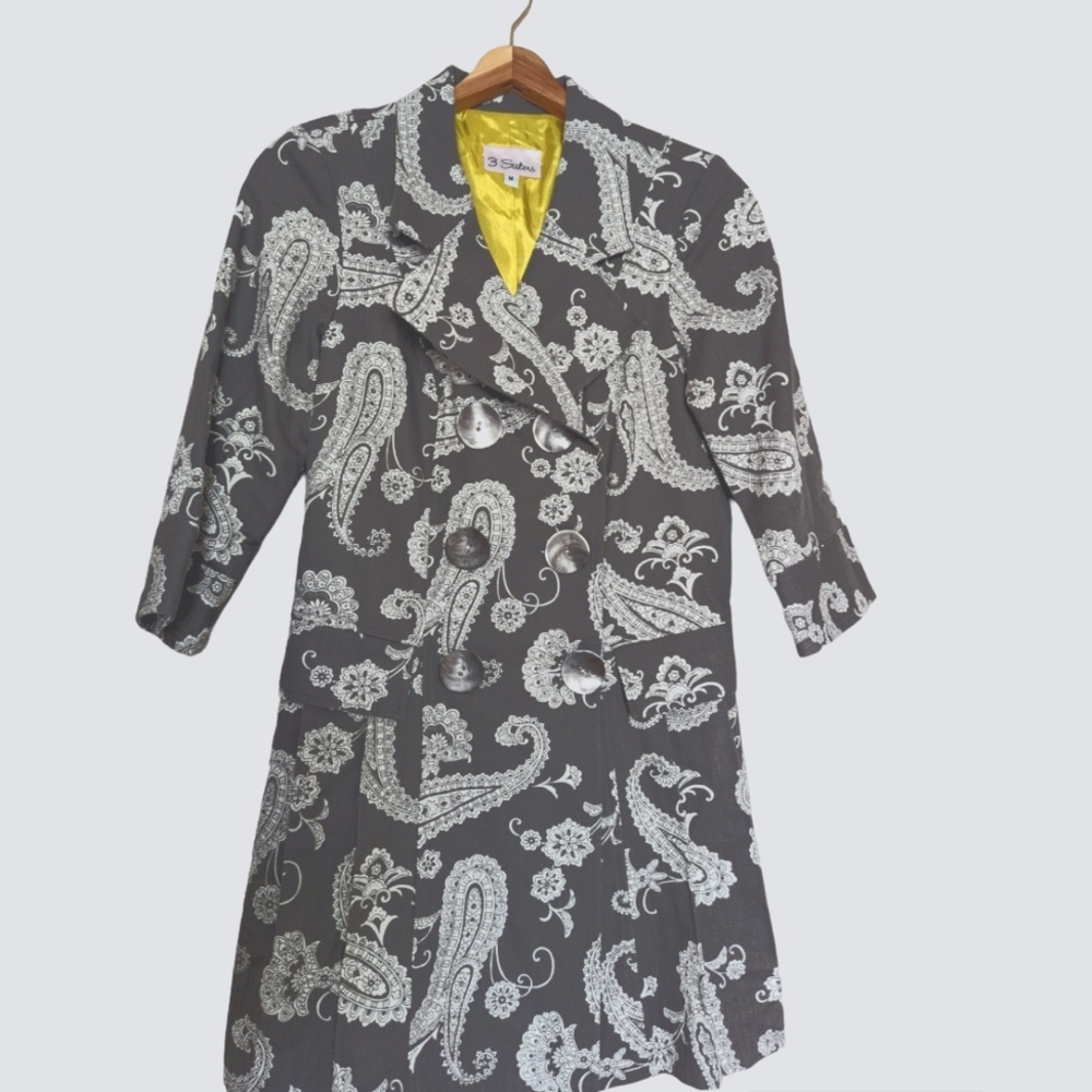 Anthropologie Black & White Paisley Trench Coat with Yellow Lining
